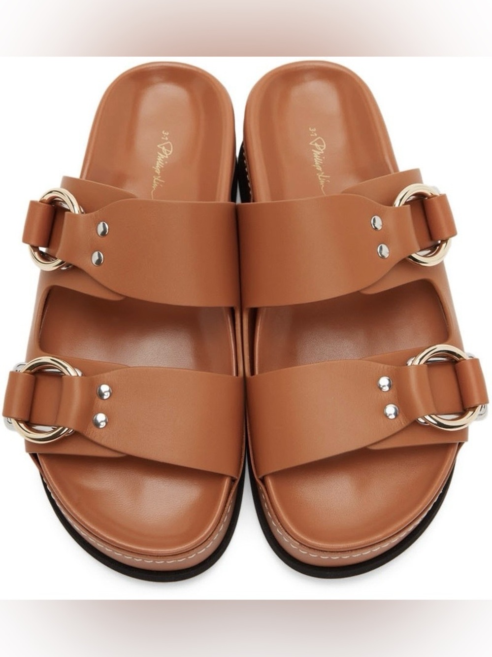 3.1 Phillip Lim Tan Double Buckle Platform Freida Slides
